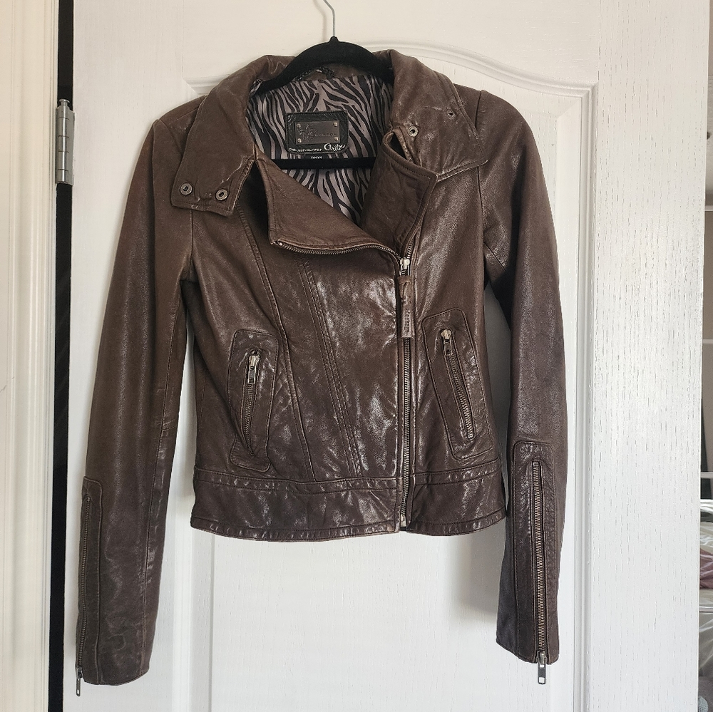 Mackage For Aritzia Brown Leather 'Kenya' Biker Jacket